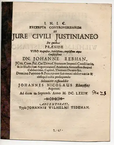 Kämpffer, Johann Nicolaus: aus Straßburg: Juristische Dissertation. De iure civili Iustinianeo (Über das Zivilrecht von Justinian). 