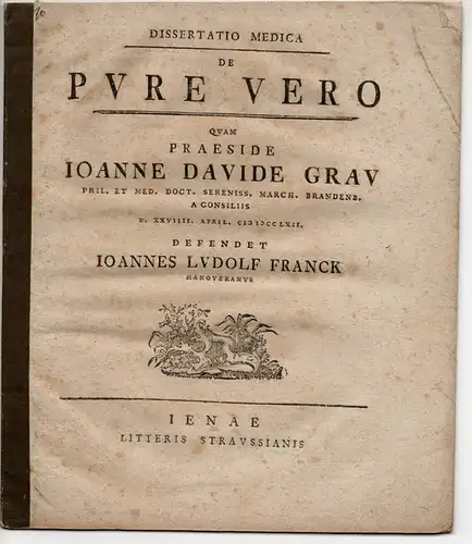 Franck, Johann Ludolf: aus Hannover: Medizinische Dissertation. De pure vero (Über wahre Reinheit). 