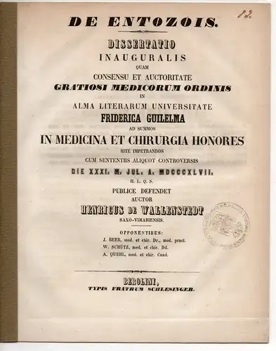 Wallenstedt, Adolph Christian Heinrich Armin von: De entozois. Dissertation. 