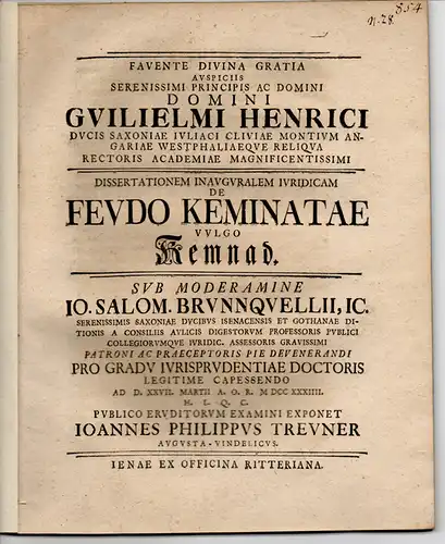 Treuner, Johann Philipp aus Augsburg: Juristische Inaugural-Dissertation und Programmschrift. De feudo keminatae vulgo kemnad. 