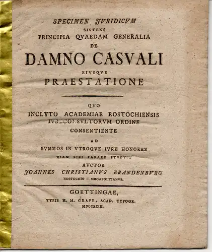 Brandenburg, Johann Christian: aus Rostock: Juristische Abhandlung. De damno casuali eiusque praestatione (Über allgemeine Grundsätze über den zufälligen Schaden und dessen Ersatz). 