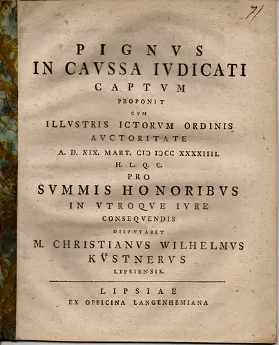 Küstner, Christian Wilhelm: aus Leipzig: Juristische Abhandlung. Pignus in caussa iudicati captum. 