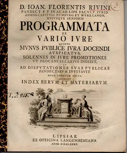 Rivinus, Johann Florens: Juristische Abhandlung. Programmata ex vario iure. 