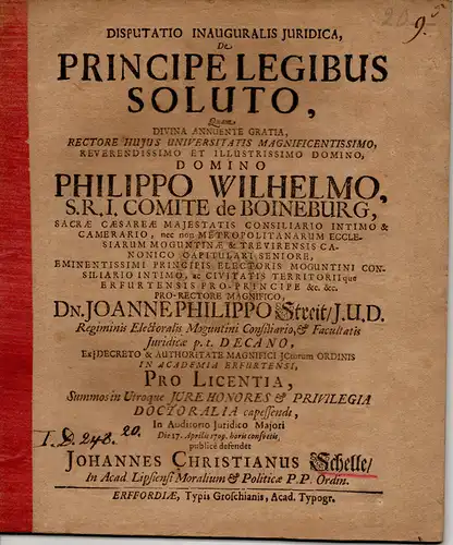 Schelle, Johann Christian: Juristische Inaugural-Dissertation. De principe legibus soluto. 