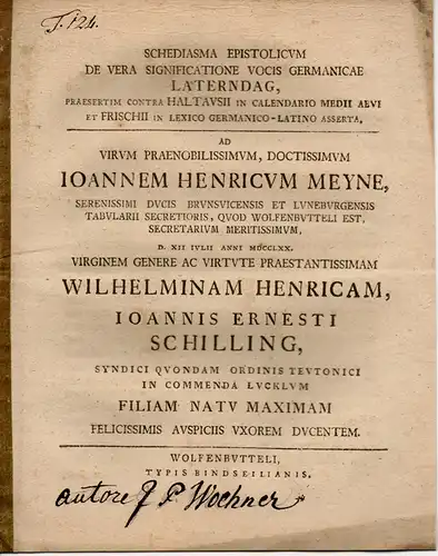 Woehner, J. P: De Vera Significatione Vocis Germanicae Laterndag, Praesertim Contra haltausii In Calendario Medii Aevii Et Frischii in Lexico Germanico Latino Asserta (Über die.. 