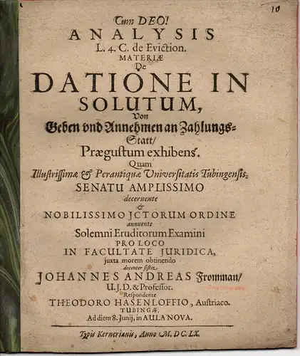 Hasenloff, Theodor: Österreich: Analysis l. 4. C. De eviction. materiae De datione in solutum, Von Geben und Annehmen an Zahlungs-Statt. 