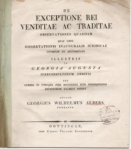 Albers, Georg Wilhelm: De exceptione rei venditae ac traditae: observationes quaedam. 