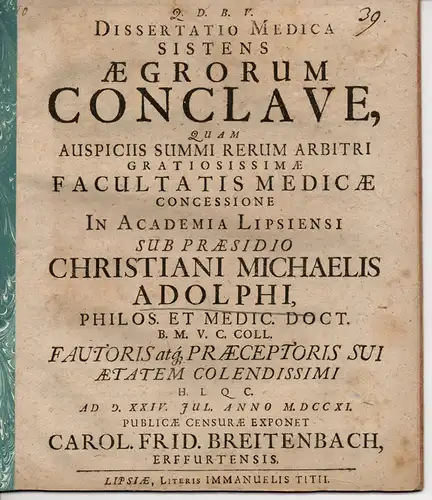 Breitenbach, Carl Friedrich: aus Erfurt: Medizinische Dissertation. Aegrorum conclave (Der Krankenraum). 