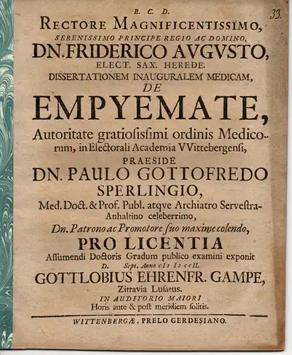 Gampe, Gottlob Ehrenfried: aus Zittau: Medizinische Inaugural-Dissertation. De Empyemate (Ansammlung von Eiter in natürlichen Körperhöhlen). 