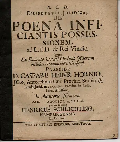 Schlichting, Heinrich: aus Hamburg: Juristische Dissertation. De poena inficiantis possessionem ad l. f. d. de rei vindic. 