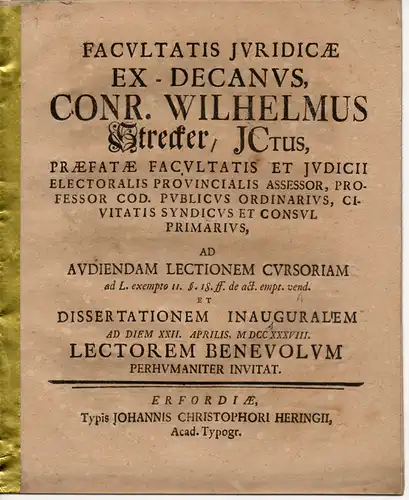 Strecker, Conrad Wilhelm: Ad audiendam lectionem cursoriam ad l. exempto 11. §. 18 ff. de act. empt. vend. Promotionsankündigung von Carl Heinrich Mushard aus Hamburg. 