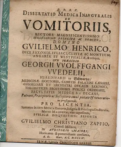 Zapf, Wilhelm Christian: aus Zeitz: Medizinische Inaugural-Dissertation. De vomitoriis (Über Brechmittel). 