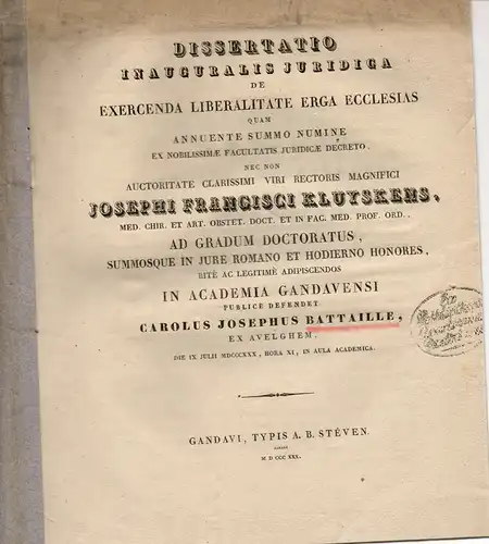 Bataille, Karl Joseph: De exercenda liberalitate erga ecclesias (Über die freiheitlich auszuübenden kirchlichen Werke). Dissertation. 