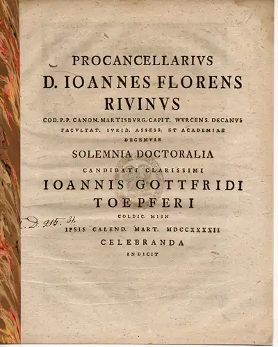 Rivinus, Johann Florens: (De recta fideicommissorum interpretatione facienda). Promotionsankündigung von Johannes Gottfried Toepfer. 