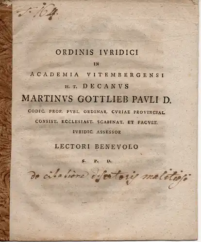 Pauli, Martin Gottlieb: De citationibus. Promotionseinladung für Christian Ernst Francke aus Wittenberg. 