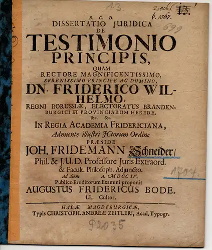 Bode, August Friedrich: Juristische Dissertation. De testimonio principis. 