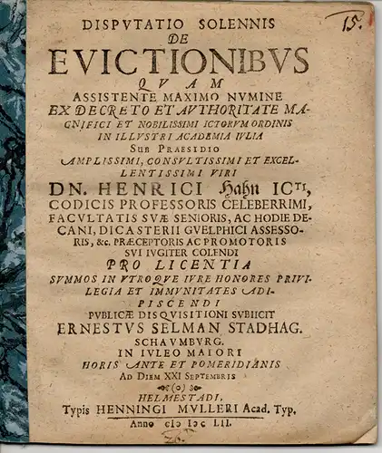 Selmann, Ernst: aus Stadhagen Schaumburg: Juristische Disputation. De evictionibus (Über die Eigentums-Wiedererlangung). 