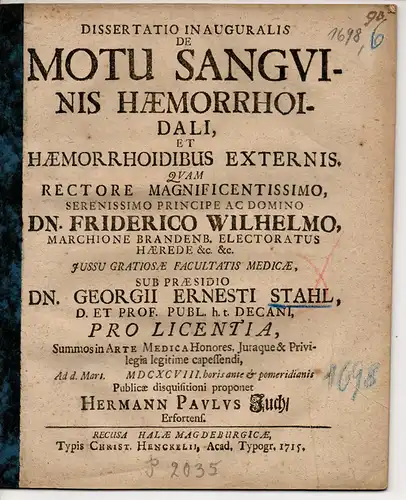 Juch, Hermann Paul: aus Erfurt: Medizinische Inaugural-Dissertation. De Motu Sanguinis Haemorrhoidali, et Haemorrhodibus Externis. 