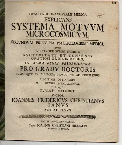 Janus, Johann Friedrich Christian: aus Anhalt: Medizinische Inaugural-Dissertation. Systema Motuum Microcosmicum (das System mikroskosmischer Bewegungen). 