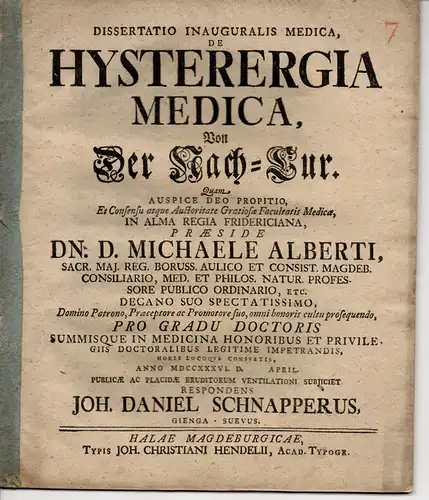 Schnapper, Johann Daniel: Medizinische Inaugural-Dissertation. De hysterergia medica, Von Der Nach-Cur. 