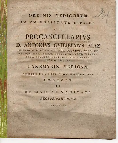 Plaz, Anton Wilhelm: De magiae vanitate 1. Promotionsankündigung von Johann Christian Friedrich Emil Hendrich aus Zeitz. 