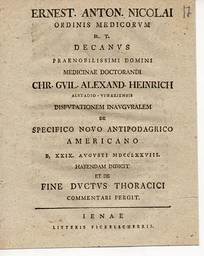 Nicolai, Ernst Anton: De fine ductus Thoracici. Promotionsankündigung von Christian Wilhelm Alexander Heinrich. 