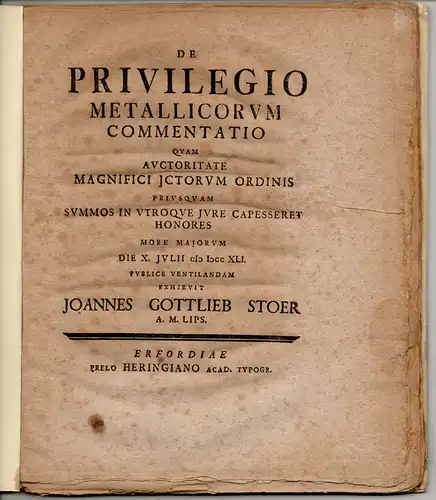 Stoer, Joannes Gottlieb: De privilegio metallicorum commentatio. 