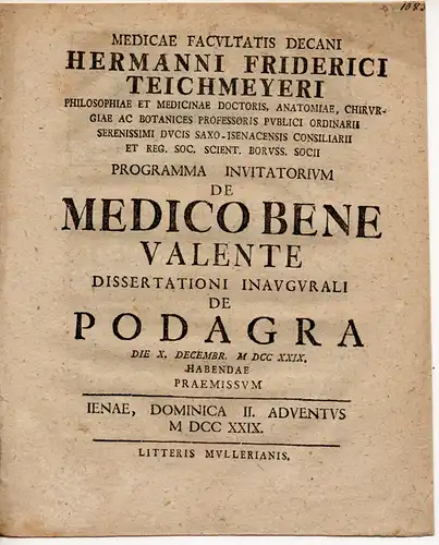 Teichmeyer, Hermann Friedrich: De medico bene valente (Über das Wohlergehen des Arztes). Promotionsankündigung von Simon Johann Jacob Ortel aus Anhalt. 