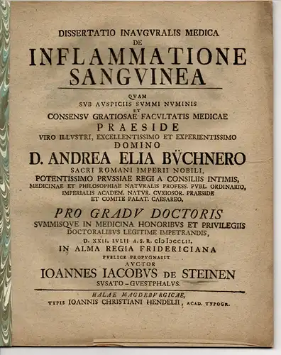 Steinen, Johannes Jacob von: Medizinische Inaugural-Dissertation. De inflammatione sanguinea (Über die blutige Entzündung). 