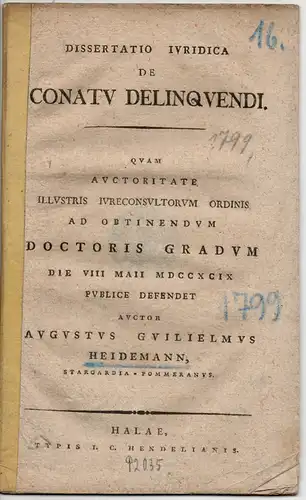 Heidemann, August Wilhelm: De conatu delinquendi (Über den Drang, sich zu verschulden). 