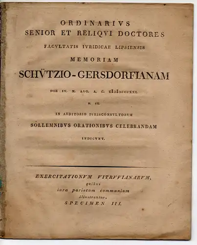 Haubold, Christian Gottlieb: aus Dresden: Exercitationum Vitruvianarum quibus iura parietum communium illustrantur, Specimen III (3. Teil der Untersuchungen zu Vitruv, in denen die Rechte bzgl.. 