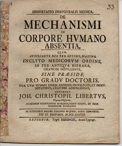 Libert, Johann Christoph: aus Großenhain: Medizinische Inaugural-Dissertation. De Mechanismi In Corpore Humano Absentia (Über einen fehlenden Mechanismus im menschlichen Körper). 