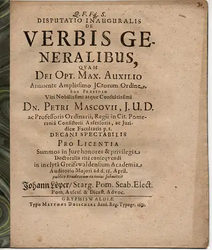 Löper, Johann: aus Pommern: De verbis generalibus (Über generelle Wörter). 