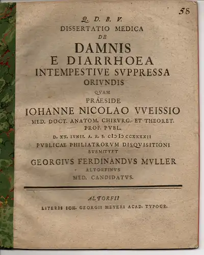 Muller (Müller), Georg Ferdinand: aus Altdorf: Medizinische Inaugural-Dissertation. De damnis e diarrhoea intempestive suppressa oriundis (Über Beschwerden, die ihren Ursprung in einer nicht rechtzeitig behandelten Diarrhoe haben). 