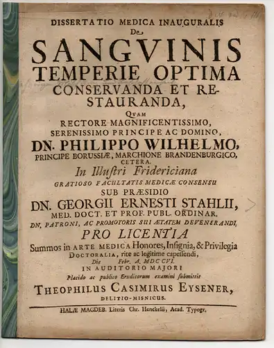 Eysener, Theophil Casimir: aus Delitzsch: Medizinische Inaugural-Dissertation. De Sanguinis Temperie Optima Conservanda et Restauranda (Über die für seine Erhaltung und Erneuerung optimale Temperatur des Blutes). 