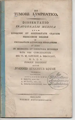 Kothe, Johann August: De Tumore Lymphatico (Über Lymphknotentumore). Dissertation. 