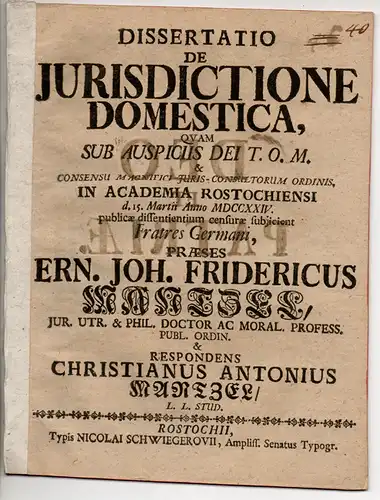 Mantzel, Christian Anton: Juristische Dissertation. De Jurisdictione Domestica (Über die häusliche Rechtsprechung). 