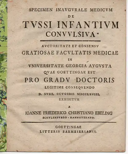 Ebeling, Johann Friedrich Christian: Schulenburg: De tussi infantium convulsiva (Über Krämpfe bei Kinderhusten). 