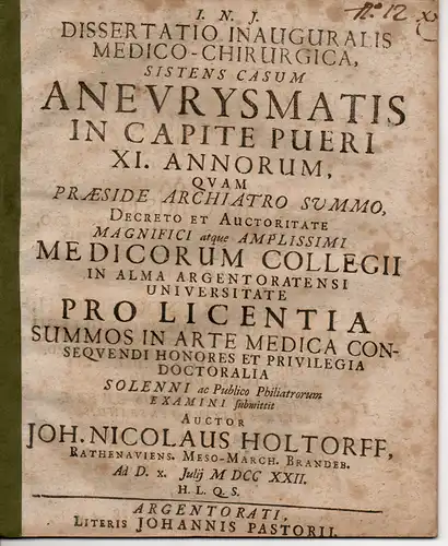 Holtorff, Johann Nicolaus: aus Rathenau: Medizinisch-chirurgische Inaugural-Dissertation. Aneurysmatis In Capite Pueri XI. Annorum (Über die Pulsadererweiterung bei einem 11-jährigen Jungen). 