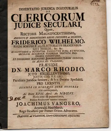 Vangero, Joachim: aus Arnswald: Juristische Inaugural-Dissertation. De clericorum iudice seculari (Über weltliche Richter von Geistlichen). 