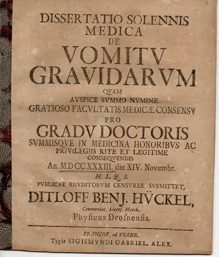Hückel, Ditloff Benjamin: Medizinische Dissertation. De Vomitu Gravidarum (Über das Erbrechen der Schwangeren). 