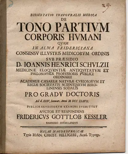 Kessler, Friedrich Gottlob: aus Ranis: Medizinische Inaugural-Dissertation. De Tono Partium Corporis Humani (Über die Spannung des menschlichen Körpers bei der Geburt). 