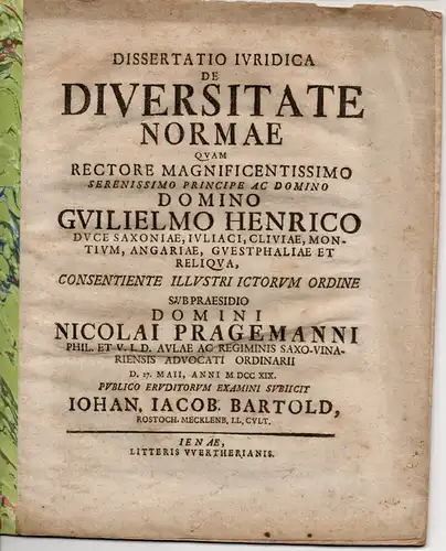 Bartold, Johann Jacob: aus Rostock: Juristische Dissertation. De diversitate normae. 