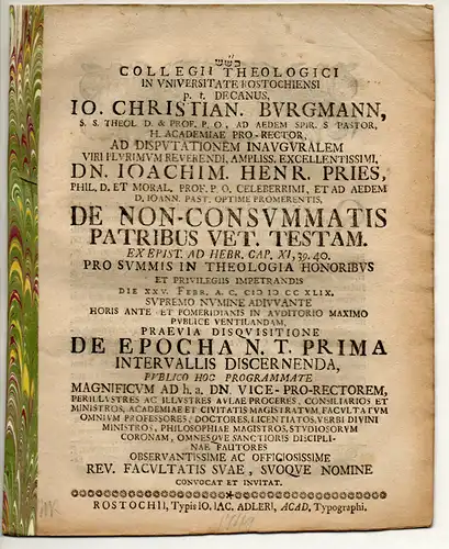 Pries, Joachim Heinrich: Theologische Disputation: De non-consummatis patribus V. T. ad dictum Pauli in epist. ad Hebr. XI. 39. 40 (Über die Väter des Alten...