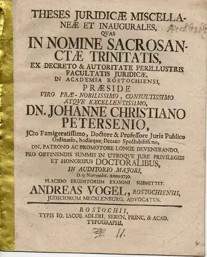 Vogel, Andreas: aus Rostock: Theses iuridicae miscellaneae et inaugurales. 