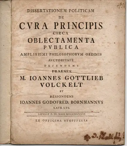 Bornmann, Johann Gottfried: aus Lauba: Dissertationem Politicam. De Cura Principis Circa Oblectamenta Publica (Über die Fürsorge des Fürsten für öffentliche Vergnügungen). 