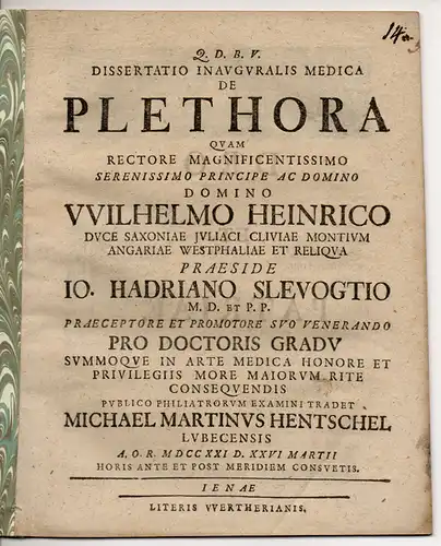 Hentschel, Michael Martin: aus Lübeck: Medizinische Inaugural-Dissertation. De plethora. 