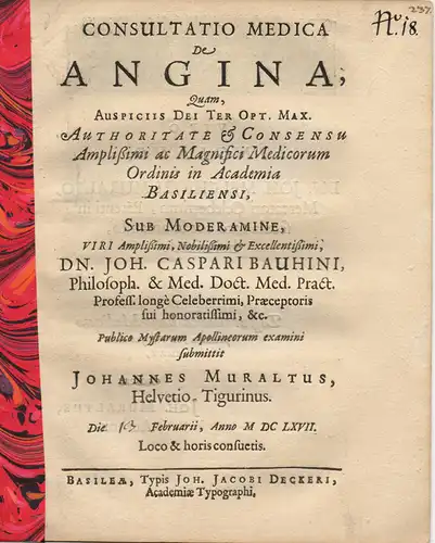 Muraltus, Johannes: Consultatio medica: De Angina. 