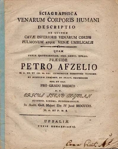 Bogman, Erik Steno: Sciagraphica venarum corporis humani Descriptio et quidem cavae inferioris venarum cordis pulmonum atque venae umbilicalis. Dissertation. 