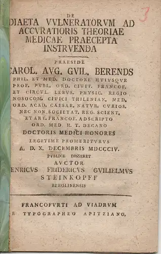 Steinkopff, Heinrich Friedrich Wilhelm: Berlin: De diaeta vulneratorum ad accuratioris theoriae medicae praecepta instruenda (Über Verhaltensregeln für Verwundete bis zu genauen Vorschriften der medizinischen Theorie). Dissertation. 